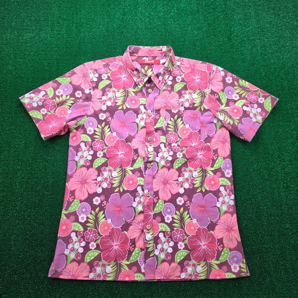 Shinesty Tropical Shirt Mens Large Pink Floral Hibiscus Button Up Beach Casaul